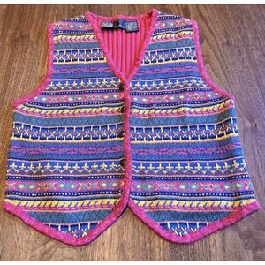 Lizwear Medium Blue Pink Knit Sweater Vest Geometric Pattern Cotton Wool Cottage